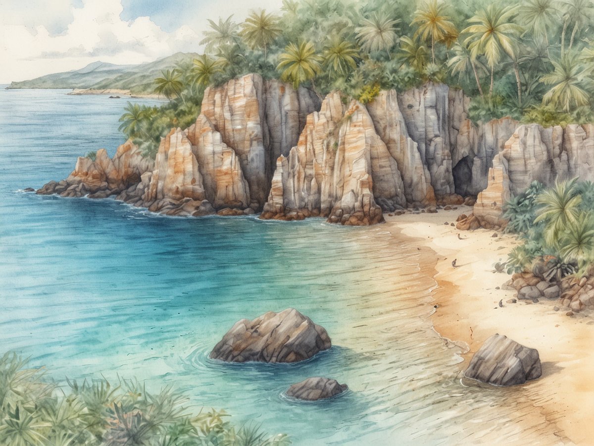 Eine malerische Küstenlandschaft mit sanften, türkisfarbenen Wellen, die an einen hellen Sandstrand schlagen. Hohe, grüne Palmen wechseln sich mit dramatischen Felsformationen ab, die in warmen Erdtönen strahlen. Im Hintergrund sind sanfte Hügel und ein bewölter Himmel zu sehen, während einige kleine Felsen im Wasser liegen. Am Strand ist eine einzelne Person zu erkennen, die die ruhige Schönheit der Szenerie genießt. Dieser Ort vermittelt ein Gefühl von unberührter Natur und tropischem Paradies.