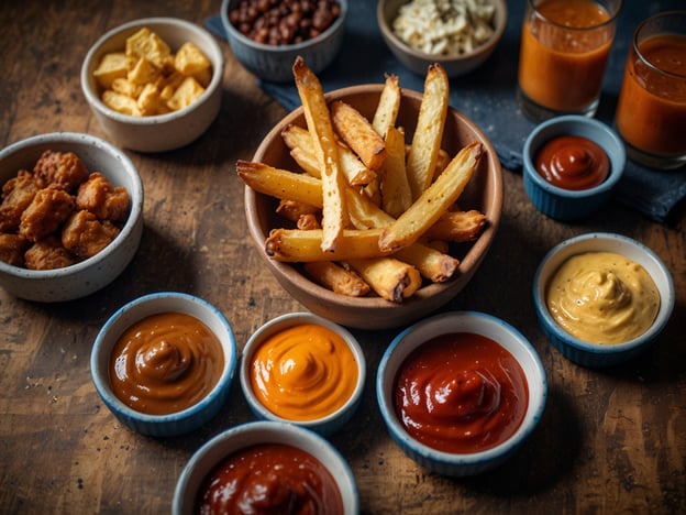 Auf dem Bild sind verschiedene kulinarische Highlights zu sehen. In der Mitte befinden sich knusprige Pommes Frites, die in einer Schüssel angerichtet sind. Um die Pommes herum sind mehrere Schälchen mit verschiedenen Saucen platziert, darunter:

- Ketchup
- Senf
- eine orangefarbene Sauce, möglicherweise eine süß-scharfe oder Currysauce
- eine braune Sauce, vermutlich eine BBQ- oder eine spezielle Dip-Sauce

Zusätzlich sind in kleinen Schalen einige Snack-Items wie frittierte Hähnchenstücke und knusprige Chips zu sehen. Im Hintergrund stehen auch einige Gläser mit einer orangefarbenen Flüssigkeit, die einen erfrischenden Drink darstellen könnten. Dieses Arrangement lädt zu einem geselligen Snack-Abend ein!