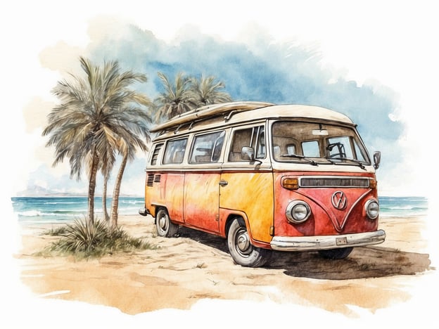 Auf dem Bild ist ein bunt lackierter Volkswagen-Bus zu sehen, der an einem sonnigen Strand steht. Umgeben ist er von hohen Palmen und dem klaren blauen Wasser des Meeres. Die Szene vermittelt ein Gefühl von Freiheit und Abenteuer, ideal für einen entspannten Tag am Strand. Die Kombination aus dem nostalgischen Bus, den Palmen und dem Strand schafft eine einladende Urlaubsatmosphäre.