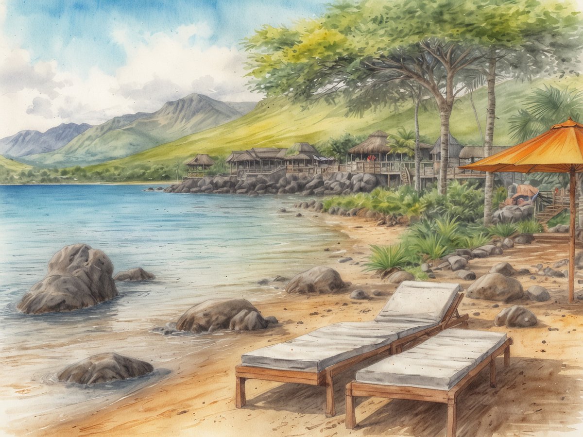 Ein malerischer Strand in Mauritius mit sanften Wellen, die sanft an den Uferbereich plätschern. Im Vordergrund stehen zwei Liegen auf goldenem Sand, umgeben von mehreren glatten, grauen Steinen. Hinter den Liegen erstreckt sich eine üppige Grünlandschaft, angedeutet durch Palmen und Sträucher. Im Hintergrund sind traditionelle Strohhütten auf einer erhöhten Plattform zu sehen, eingebettet in die sanften Hügel der Umgebung, die von locker bewölkten Himmel überragt werden. Die Landschaft strahlt Ruhe und tropische Idylle aus.