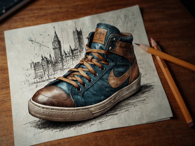 Auf dem Bild ist ein detailliertes Kunstwerk eines Sneakers zu sehen, der eine interessante Farbgebung und Struktur hat. Im Hintergrund ist eine stilisierte Zeichnung von architektonischen Elementen, die an London erinnern, zu erkennen.

Hier sind einige praktische Reisetipps:

1. **Bequeme Schuhe**: Für das Erforschen von Städten sind bequeme Sneakers ideal, da man oft viel zu Fuß unterwegs ist.

2. **Wetterschutz**: Achte darauf, dass deine Schuhe wetterfest sind, besonders wenn du in Städten mit wechselhaftem Wetter reist.

3. **Packen**: Wenn du schwere Schuhe trägst, nimm leichtere Flip-Flops oder Sandalen für die Freizeit im Hotel mit.

4. **Städtische Erkundungen**: Plane Spaziergänge durch historische Stadtteile, um sowohl die Kultur als auch die Architektur zu erleben.

5. **Fotomöglichkeiten**: Die Mischung aus Mode und Architektur kann tolle Fotomotive bieten, also halte deine Kamera bereit!