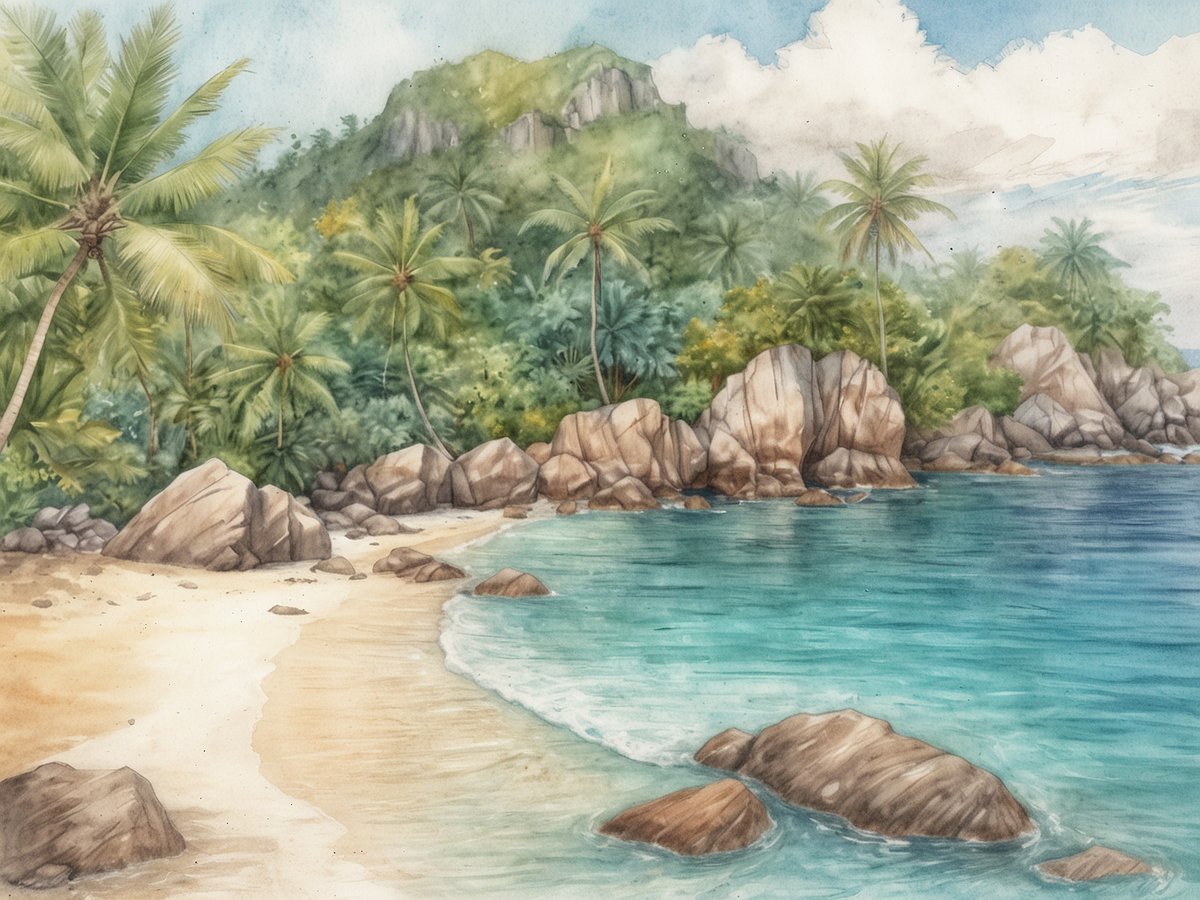 Eine idyllische Strandlandschaft auf den Seychellen mit feinem, hellem Sand und sanften Wellen, die an die Küste rollen. Im Hintergrund erheben sich grüne Hügel, bedeckt mit dichten Palm- und tropischen Pflanzen. Große, glatte Felsen liegen verstreut am Strand und im Wasser. Der Himmel ist leicht bewölkt, während das Wasser in verschiedenen Türkistönen schimmert und das Bild eine friedliche und traumhafte Atmosphäre vermittelt.
