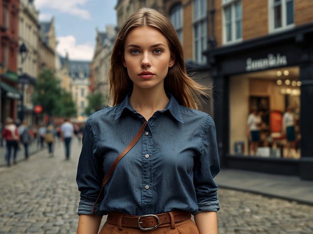 Auf dem Bild ist eine junge Frau zu sehen, die in einer städtischen Umgebung steht. Sie trägt ein elegantes Hemd und wirkt selbstbewusst. Im Hintergrund sind Einkaufsstraßen und Geschäfte zu erkennen, was an ein Shopping-Paradies wie Antwerpen erinnert. Antwerpen ist bekannt für seine stilvollen Boutiquen und vielfältigen Einkaufsmöglichkeiten, perfekt für modebewusste Shopper. Die Atmosphäre der Stadt lädt dazu ein, die zahlreichen Geschäfte und Cafés zu erkunden.