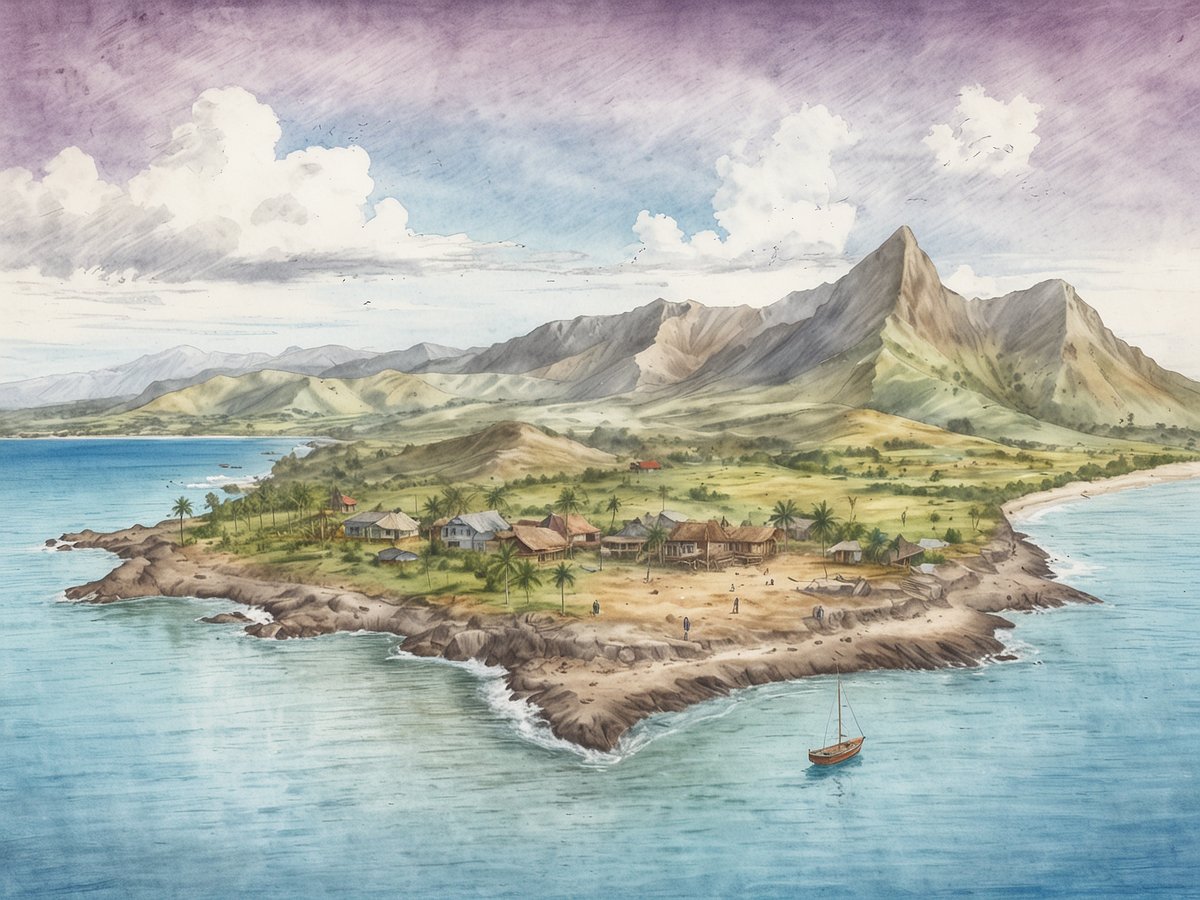 Eine malerische Ansicht einer unberührten Insel mit sanften Hügeln und majestätischen Bergen im Hintergrund. Am Ufer ist ein ruhiger Strand mit klarem Wasser und kleinen Wellen. Im Vordergrund befinden sich einige traditionelle Holzhäuser, umgeben von Palmen und üppigem Grün. Auf dem Wasser schwimmt ein kleines Boot. Die Wolken am Himmel sind leicht bewölkt und verleihen der Szene eine friedliche Atmosphäre.