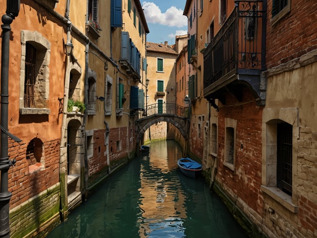 Auf dem Bild ist eine malerische Wasserstraße mit schmalen, von bunten Gebäuden gesäumten Kanälen zu sehen, die an Brügge, das Venedig des Nordens, erinnert. Die Architektur ist von historischen Elementen geprägt, und es gibt eine kleine Brücke, die über das Wasser führt. Die Atmosphäre wirkt charmant und einladend, typisch für die idyllischen Szenerien, für die Brügge bekannt ist. Boote liegen ruhig im Wasser, und die sanften Farben der Wände tragen zur romantischen Stimmung bei.