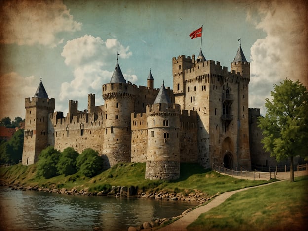 Auf dem Bild ist eine imposante Burg zu sehen, die von einer idyllischen Landschaft umgeben ist. Die Burg hat hohe Türme und eine charakteristische Architektur, die an vergangene Zeiten erinnert. Im Vordergrund fließt ein ruhiger Fluss, und die Natur um die Burg herum trägt zur malerischen Atmosphäre bei. Diese Darstellung verkörpert lebendiges Erbe und Kultur, da sie die Geschichte und Architekturschätze einer Region widerspiegelt. Solche beeindruckenden Bauwerke sind oft wichtige Zeugnisse der kulturellen Identität und Traditionen.