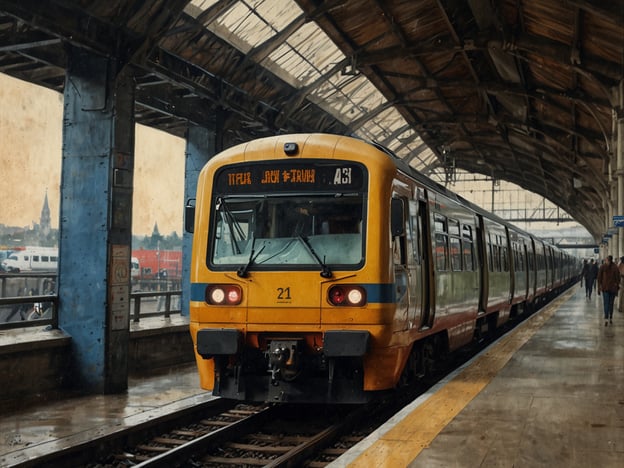 Auf dem Bild ist ein Zug an einem Bahnhof zu sehen. Man könnte sich vorstellen, dass man von hier aus nach Brügge reisen könnte. Die schützende Überdachung und die Gleise deuten darauf hin, dass es sich um einen belebten Bahnhof handelt, von dem aus verschiedene Reiseziele erreichbar sind. Menschen schlendern entlang des Bahnsteigs, während der Zug bereitsteht, um die Passagiere aufzunehmen.