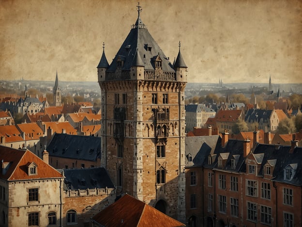 Auf dem Bild könnte man eine historische Architektur sehen, die an die wunderschönen Türme und Gebäude in Brügge erinnert, wie den Belfried von Brügge oder das zur UNESCO-Weltkulturerbe gehörende Rathaus. Die charakteristischen roten Ziegeldächer und mittelalterlichen Fassaden sind typisch für das Stadtbild von Brügge. Die Stadt ist bekannt für ihre malerischen Grachten und Plätze, die eine romantische Atmosphäre ausstrahlen.