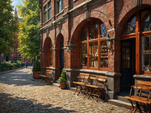 In Leuven, einer charmanten Stadt in Belgien, präsentiert sich oft eine malerische Straßenansicht, ähnlich wie auf dem Bild zu sehen. Dort sind Nebengassen mit hübschen, roten Backsteingebäuden und großen Fenstern, die von sanften Oberlichtern umrahmt sind. 

Auf dem Bild sind gemütliche Bänke vor einem der Gebäude platziert, ideal für Passanten, die eine Pause einlegen möchten. Die Oberfläche der Straße ist mit alten Steinen gepflastert, was zur historischen Atmosphäre der Stadt beiträgt. Umgeben von grünen Bäumen und Pflanzen scheint es ein einladender Ort zu sein, um die warmen Tage zu genießen und das Leben zu beobachten.