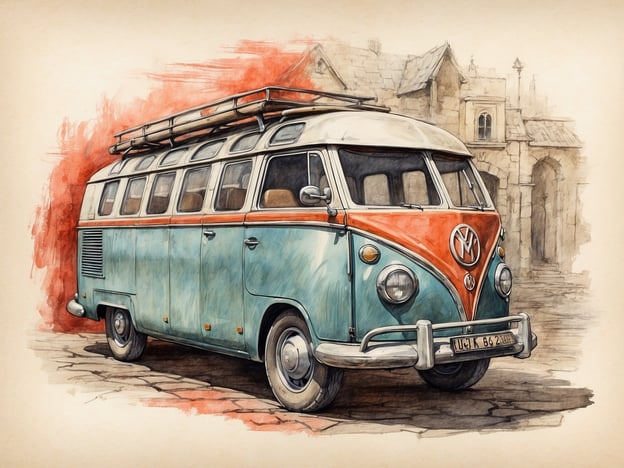 Auf dem Bild ist ein Oldtimer-Bus von Volkswagen zu sehen, genauer gesagt ein VW T1 Bulli. Er ist in einem hellblauen und orangefarbenen Farbschema lackiert und hat ein klassisches Design mit großen Fenstern und einem markanten Kühlergrill. Der Bus steht auf einer gepflasterten Fläche, im Hintergrund sind alte Gebäude zu erkennen, die eine nostalgische Atmosphäre schaffen. Der VW Bulli wird oft mit Freiheit und Abenteuern assoziiert, was ihn zu einem beliebten Symbol für Reisen und das Roadtrip-Leben macht.