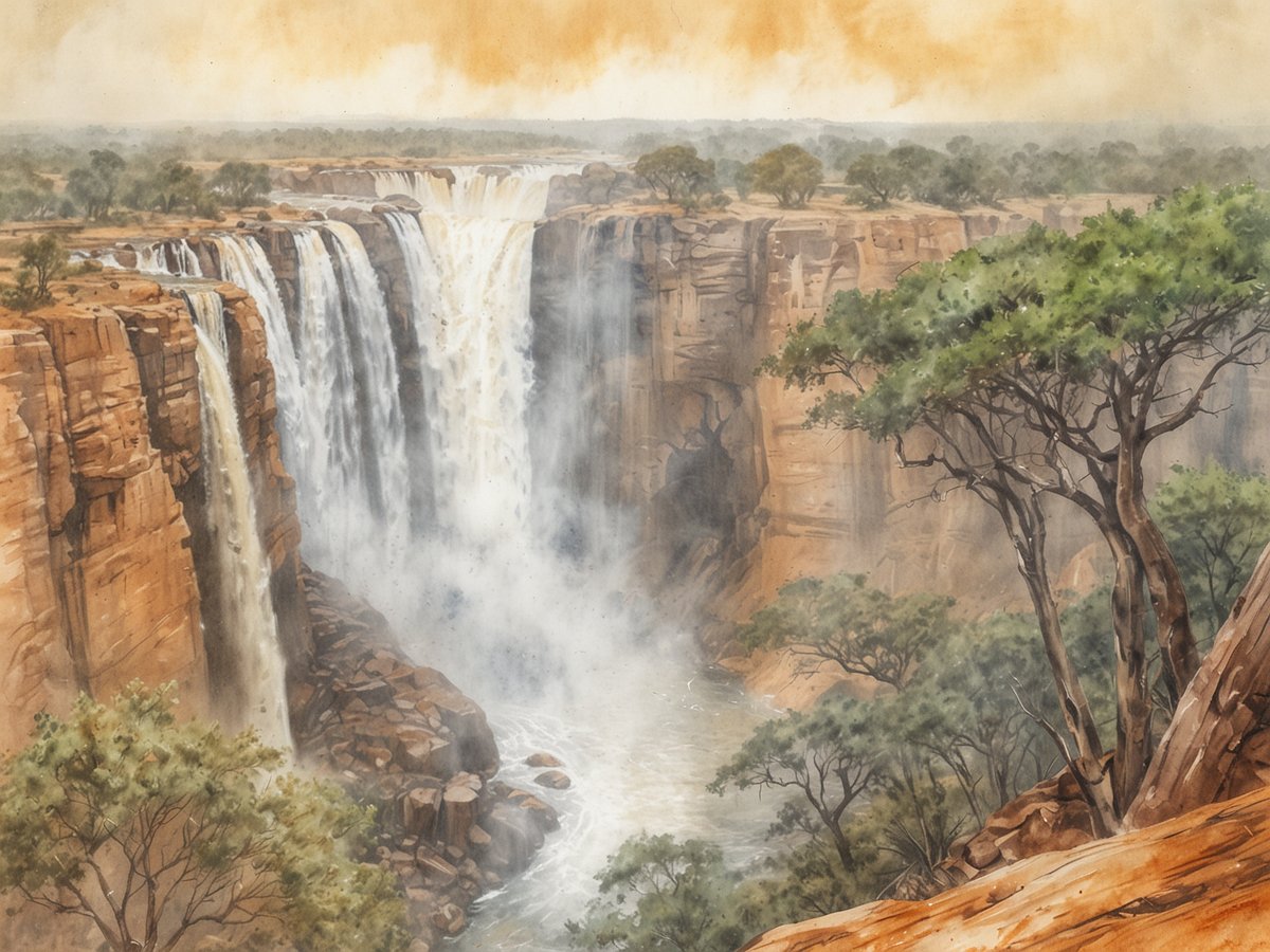 Eine beeindruckende Wasserfalllandschaft in Sambia zeigt mächtige Wasserströme, die über hohe Klippen herabstürzen. Die Umgebung ist von üppigem Grün und Bäumen geprägt, während sich die steilen Felswände aus rotbraunem Gestein über dem Wasser erheben. Der Wasserfall erzeugt eine dichte Gischt, die in der Luft schwebt und ein dramatisches Landschaftsbild schafft. Der Himmel ist in sanften Tönen gehalten, die die natürliche Schönheit dieser Wildnis unterstreichen.