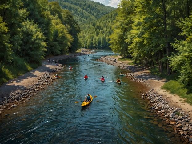 Auf dem Bild ist eine malerische Flusslandschaft zu sehen, in der mehrere Leute in Kajaks paddeln. Die umgebende Natur ist üppig grün, mit hohen Bäumen entlang des Ufers und sanften Hügeln im Hintergrund. Es scheint ein schöner, sonniger Tag zu sein, ideal für Outdoor-Aktivitäten wie Kajakfahren, Schwimmen oder einfach nur Entspannen am Wasser. Diese Umgebung lädt ein, die Natur zu genießen und aktiv zu sein, sei es durch Wassersport oder Wandern entlang der Ufer.