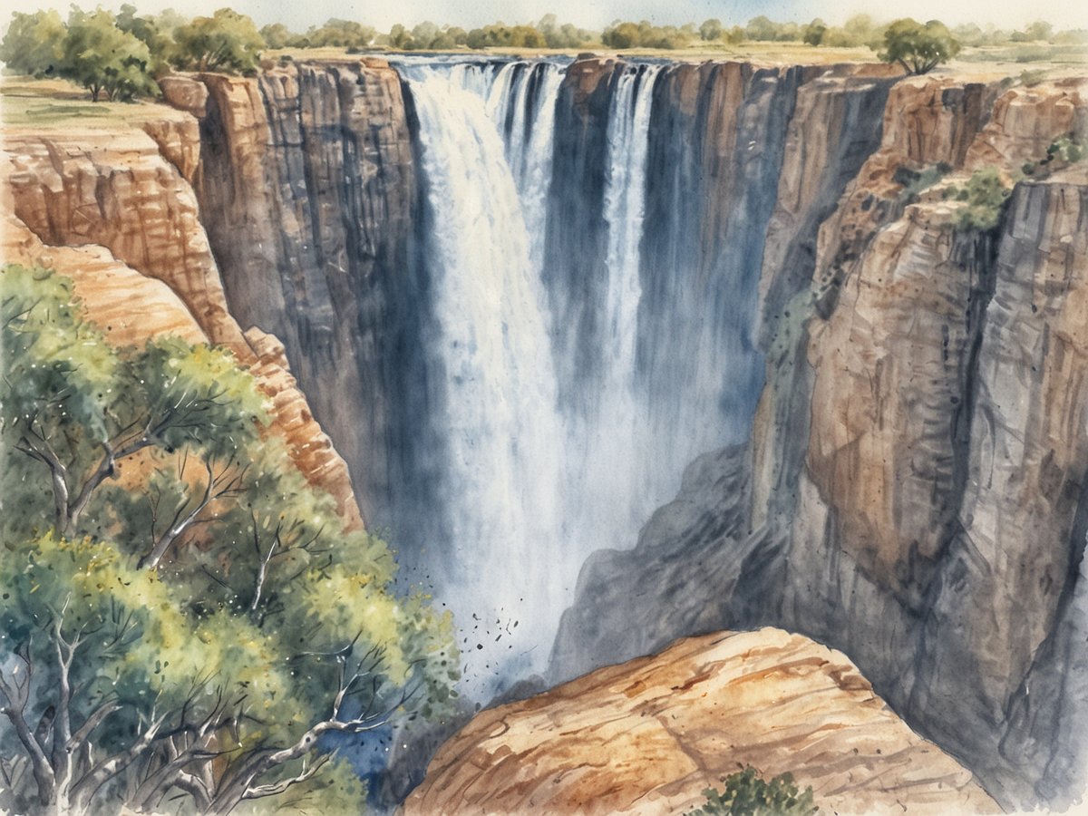 Eine beeindruckende Wasserfalllandschaft in Simbabwe, dargestellt in Aquarelltechnik. Der Wasserfall stürzt kraftvoll von einer hohen Klippe in ein darunterliegendes Tal, umgeben von steilen Felswänden und üppigem Grün. Baumkronen rahmen den Bildvordergrund ein und verleihen der Szenerie eine natürliche Schönheit. Das Licht fällt sanft auf die Felsen und das Wasser, wodurch eine harmonische Atmosphäre entsteht, die die einzigartigen Naturwunder und die kulturelle Bedeutung der Region widerspiegelt.
