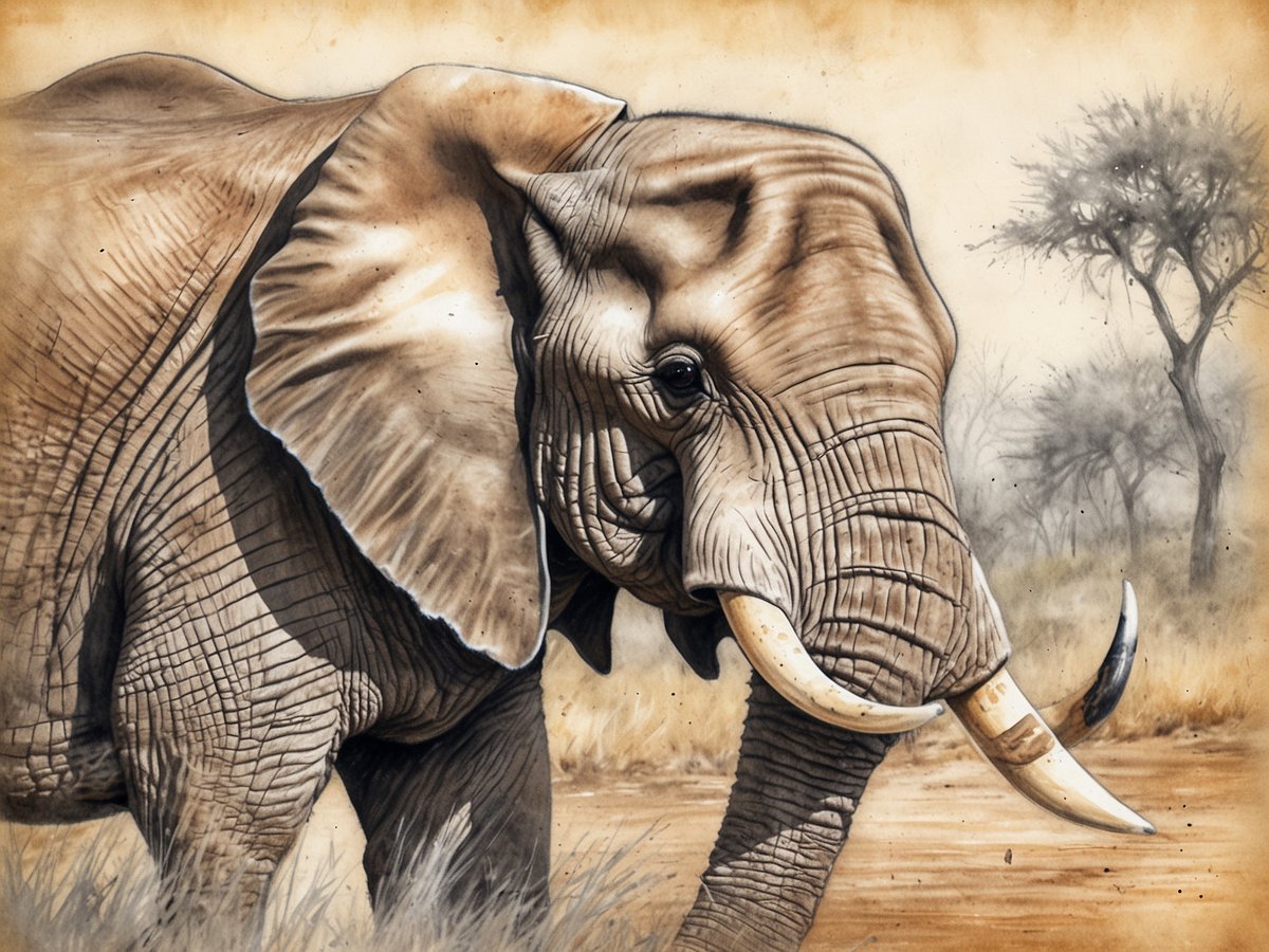 Ein majestätischer Elefant steht in einer afrikanischen Landschaft. Der Elefant hat große, beeindruckende Ohren und markante Stoßzähne. Im Hintergrund sind einige Bäume zu sehen, die die typisch trockene Umgebung Afrikas widerspiegeln. Die Farben sind in sanften Brauntönen gehalten, was die Naturverbundenheit unterstreicht. Dieses Bild vermittelt das Gefühl der ungezähmten Wildnis Botswanas.