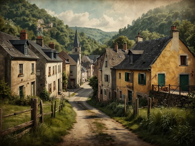 Auf dem Bild ist eine malerische Landschaft mit einem charmanten Dorf zu sehen. Die Straße führt sanft durch das Dorf, das von idyllischen Häusern mit bunten Fensterläden und Blumen geschmückten Fenstern gesäumt ist. Im Hintergrund erhebt sich eine Kirche mit einem spitzen Turm, umgeben von sanften Hügeln und üppigem Grün. Die Atmosphäre wirkt friedlich und einladend, ideal für einen ruhigen Spaziergang oder um die ländliche Idylle zu genießen.