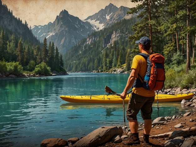 Auf dem Bild ist eine malerische Naturkulisse zu sehen, die zu Outdoor-Aktivitäten einlädt. Im Vordergrund steht eine Person, die auf einen klaren, blauen Gewässer blickt, in dem ein gelbes Kajak liegt. Die Umgebung ist geprägt von majestätischen Bergen und dichten Wäldern, die den Eindruck eines unberührten Naturparadieses vermitteln. Dieses Setting eignet sich hervorragend für Aktivitäten wie Kajakfahren, Wandern oder einfach nur zum Entspannen und die Schönheit der Natur zu genießen.