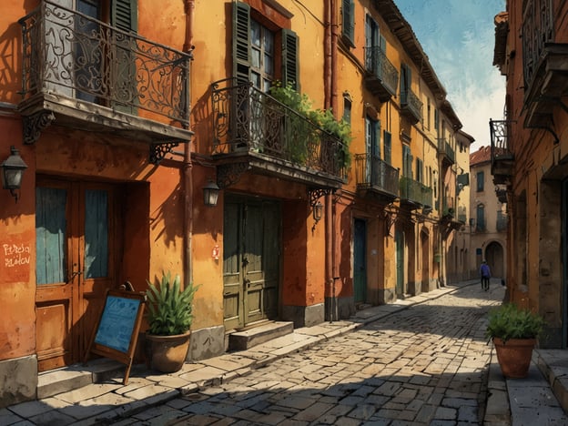 Auf dem Bild ist eine malerische, historische Straße in einer Stadt voller Geschichte und Kultur zu sehen. Die Häuser sind in warmen, lebendigen Farben gehalten und haben elegante Balkone sowie traditionelle Fensterläden. Auf dem Boden liegt ein gepflasterter Weg, der die Atmosphäre des alten Stadteils hervorhebt. In der Szene ist eine Person zu sehen, die die ruhige Umgebung genießt. Die Kombination aus Architektur, Pflanzen und der einladenden Atmosphäre vermittelt ein Gefühl von Charme und Tradition.