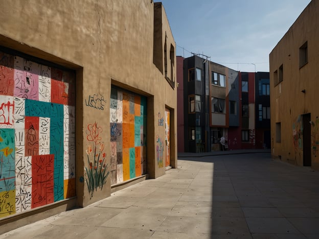 Das Bild zeigt eine urbane Umgebung mit einer Mischung aus Graffiti und farbenfrohen Wandmalereien auf den Wänden. Die architektonischen Formen sind modern und variieren in den Farben, von sanften Erdtönen bis hin zu kräftigen Farben. Der Platz wirkt einladend und spannend, ideal für Kunstliebhaber, die die Kreativität und den Ausdruck in städtischen Räumen schätzen. Das Licht und die Schatten verleihen der Szene zusätzlich eine besondere Stimmung, die die künstlerische Atmosphäre unterstreicht.