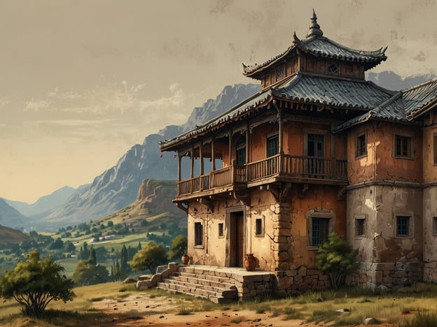 Auf dem Bild ist ein traditionelles, asiatisch inspiriertes Gebäude zu sehen, das in einer natürlichen Landschaft mit Bergen und Wiesen eingebettet ist. Das Haus hat einen charakteristischen Dachstil und ist teilweise aus Stein sowie Holz gebaut. Um das Gebäude herum sind einige Bäume und eine offene Fläche zu erkennen, die die ländliche Umgebung unterstreicht. Die Szene vermittelt eine friedliche, rustikale Atmosphäre.