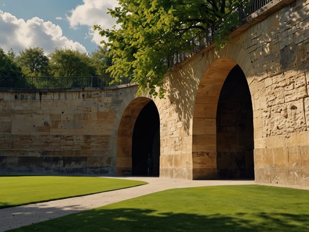 Auf dem Bild ist eine architektonische Struktur mit mehreren Bögen zu sehen, umgeben von Grünflächen und Bäumen. Diese Art von Architektur könnte Teil eines Gartens oder Parks sein, wie zum Beispiel der *Hannoveraner Berggarten* oder die *Wilhelma* in Stuttgart. 

Einige top Sehenswürdigkeiten und Aktivitäten, die in ähnlichen Umgebungen stattfinden könnten, sind:

1. **Spaziergänge im Park**: Genieß die Schönheit der Natur und die entspannte Atmosphäre.
2. **Architektur-Touren**: Erkunde die beeindruckenden Bauwerke und ihre Geschichte.
3. **Fotografie**: Halte die malerischen Ausblicke und Details der Architektur fest.
4. **Picknick im Grünen**: Mach es dir auf der Wiese bequem und genieße eine Mahlzeit im Freien.

Diese Aktivitäten tragen dazu bei, die Umgebung und die Natur zu schätzen.