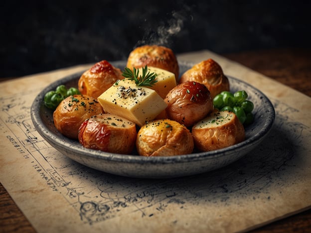 Auf dem Bild sind kleine, goldbraun gebratene Kartoffeln zu sehen, die von einer würzigen Kräuterkruste umgeben sind. In der Mitte des Tellers liegt ein Stück Käse, das mit Gewürzen und frischen Kräutern garniert ist. Dazu gesellen sich einige grüne Erbsen, die dem Gericht Frische verleihen. Diese Kombination aus knusprigen Kartoffeln, cremigem Käse und der leichten Süße der Erbsen verspricht ein harmonisches und schmackhaftes kulinarisches Erlebnis.