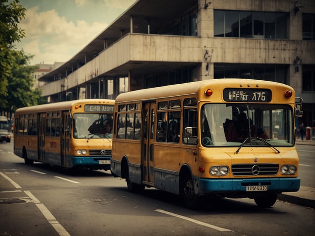 Auf dem Bild sind zwei gelbe Busse zu sehen, die auf einer Straße stehen. Im Hintergrund erkennt man ein modernes Gebäude. 

**Praktische Tipps für deinen Aufenthalt:**

1. **Öffentliche Verkehrsmittel nutzen:** Nutze die Busse, um verschiedene Teile der Stadt zu erkunden. Informiere dich über die Fahrpläne und Routen im Voraus.

2. **Tickets rechtzeitig kaufen:** Stelle sicher, dass du deine Fahrkarten vor der Fahrt kaufst, um mögliche Bußgelder zu vermeiden.

3. **Fahrzeiten beachten:** Busse können zu Stoßzeiten überfüllt sein, also plane deine Fahrten entsprechend, um Wartezeiten zu minimieren.

4. **Sicherheit im Blick behalten:** Achte auf deine Umgebung und bewahre Wertsachen sicher auf, besonders in belebten Verkehrsmitteln.

5. **Freundlichkeit und Höflichkeit:** Wenn du Fragen hast, zögere nicht, das Buspersonal oder Einheimische um Hilfe zu bitten. Sie geben oft gerne Auskunft.