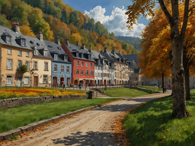 Auf dem Bild ist eine malerische Straßenszene zu sehen, die von bunten Häusern gesäumt ist, die sich harmonisch in die herbstliche Landschaft einfügen. Bäume mit orangenen und gelben Blättern umgeben die Straße, die von Spaziergängern genutzt wird. 

Die besten Reisezeiten für Echternach sind im Frühling (April bis Juni) und im frühen Herbst (September bis Oktober). In diesen Monaten kann man die natürliche Schönheit der Umgebung in vollen Zügen genießen, besonders während der herbstlichen Farbenpracht.