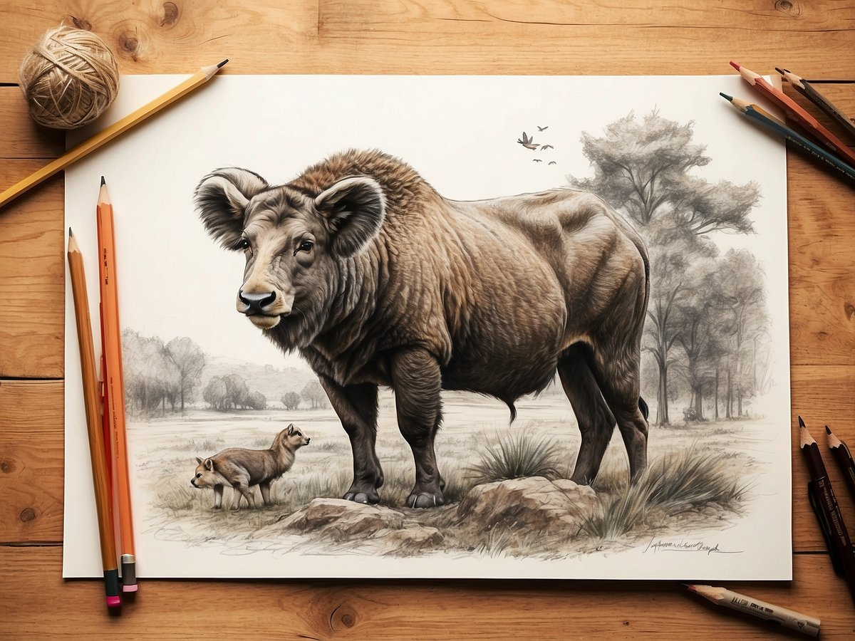 Eine detaillierte Zeichnung eines großen Tieres mit einem massiven Körper und auffälligen Ohren, das an eine Mischung aus einem Yak und einem Bison erinnert. Neben dem größeren Tier stehen zwei kleine, schlichte Tiere, die wie Füchse aussehen. Der Hintergrund zeigt eine friedliche Landschaft mit Bäumen und sanften Hügeln. Einige Vögel fliegen im oberen Bereich des Bildes, und die gesamte Szene ist auf einem Tisch platziert, umgeben von Zeichenmaterialien wie Bleistiften und einem Tuch.