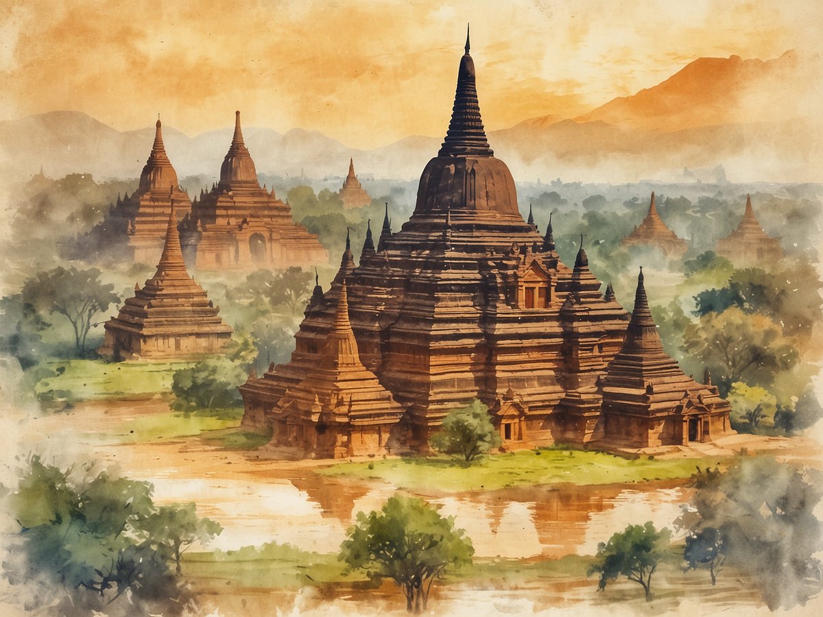 Eine malerische Landschaft mit mehreren antiken Tempeln und Pagoden in Myanmar, die sich sanft am Ufer eines ruhigen Gewässers erstrecken. Die Tempel sind aus rotem Ziegelstein und haben unterschiedliche Höhen und Formen, wobei einige mit spitzen Türmen ausgestattet sind. Im Hintergrund sind sanfte Hügel sichtbar, die in den warmen Farbtönen des Sonnenuntergangs getaucht sind. Die gesamte Szene vermittelt eine friedliche und mystische Atmosphäre, umgeben von Grünflächen und vereinzelten Bäumen, während der Himmel in sanften Gelb- und Orangetönen leuchtet.
