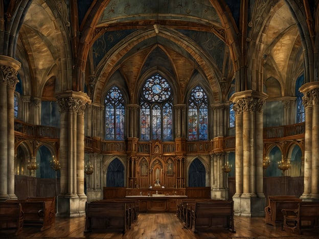 Auf dem Bild ist eine beeindruckende Innensicht eines historischen Gebäudes zu sehen, das an die architektonischen Stile erinnert, die in vielen Kirchen und anderen Wahrzeichen von Vianden zu finden sind. 

In Vianden gibt es beispielsweise die beeindruckende Burg Vianden, die auf einem Hügel thront und eine Mischung aus romanischen und gotischen Elementen aufweist. Auch die Kirche St. Johannes, bekannt für ihre schönen Fenster und die ehrwürdige Atmosphäre, könnte eine solche Kulisse bieten. 

Die gotische Bauweise und die kunstvollen Fenster auf dem Bild könnten sich gut in das Gesamtbild der historischen Architektur von Vianden einfügen.