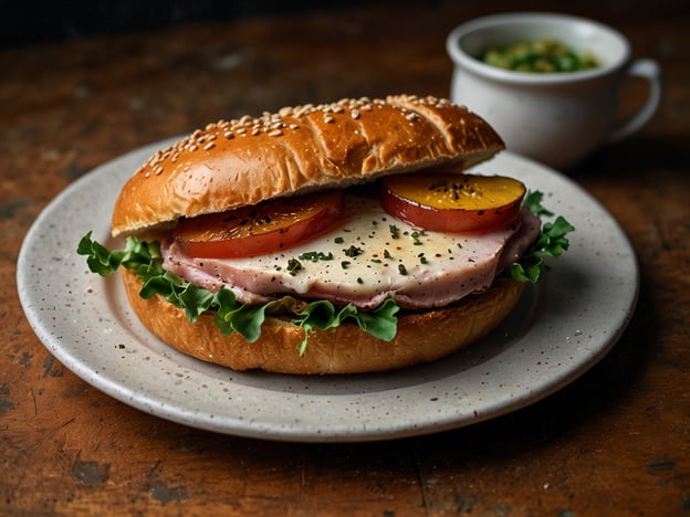 Auf dem Bild ist ein köstlicher Hamburger mit einem Sesam-Brötchen zu sehen. Der Burger ist gefüllt mit saftigem, gepökeltem Fleisch, einer Scheibe geschmolzenem Käse, frischen grünen Blattsalaten und gegrillten, karamellisierten Pfirsichen, die für eine süßliche Note sorgen. Im Hintergrund steht eine kleine Tasse mit einer grünen Beilage, möglicherweise einer Erbsensuppe oder einem Salat, die das Gericht perfekt ergänzt. Dieser Burger vereint herzhafte und fruchtige Aromen in einem appetitlichen Gericht.