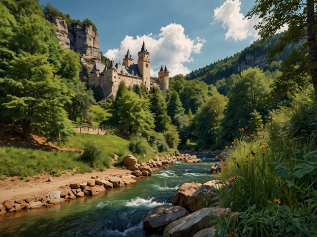 Auf dem Bild ist eine malerische Landschaft mit einem Schloss zu sehen, das majestätisch auf einem Hügel thront. Umgeben von üppigem Grün und sanften Hügeln strömt ein Fluss durch die Szene, während die Sonne am Himmel scheint. Diese beeindruckende Kulisse zeigt einige der Naturwunder Luxemburgs, wo Natur und Geschichte harmonisch miteinander verschmelzen. Die dichte Vegetation und der klare Fluss bieten einen schönen Kontrast zu den steinernen Wänden des Schlosses. Ein ideales Ziel für Naturliebhaber und Historienfreunde!