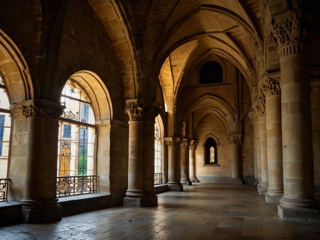 Auf dem Bild ist eine historische Halle zu sehen, die an den stilvollen architektonischen Merkmale der Gotik erinnert. Diese Art von Raum könnte mit dem Großherzoglichen Palast in Luxemburg-Stadt in Verbindung stehen, wo prächtige Säulen und große Fenster mit bunten Glasmalereien typisch sind. Historische Schätze in dieser Stadt umfassen auch die Kathedrale Notre-Dame und die Kasematten, die beide bedeutende Orte mit reicher Geschichte und beeindruckender Architektur darstellen. Solche Hallen sind exemplarisch für die kulturellen und historischen Werte Luxemburgs.