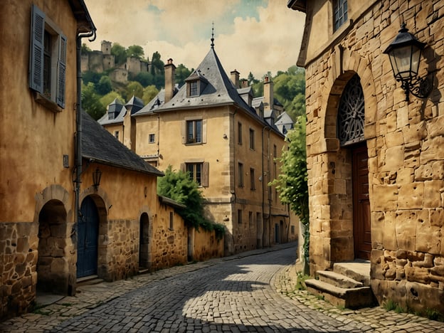 Auf dem Bild ist eine malerische Straße in einem charmanten Dorf oder Stadt zu sehen. Die Gebäude haben eine wunderschöne, rustikale Fassade aus Stein und Putz, die von einem historischen Flair geprägt ist. Die schmalen Gassen und die sanften Kurven der Straße laden dazu ein, die Umgebung zu erkunden. Üppiges Grün umrahmt die Architektur und sorgt für eine einladende Atmosphäre, die den Besucher dazu anregt, durch diese kleinen Gassen zu schlendern und die charmanten Details der Stadt zu entdecken.