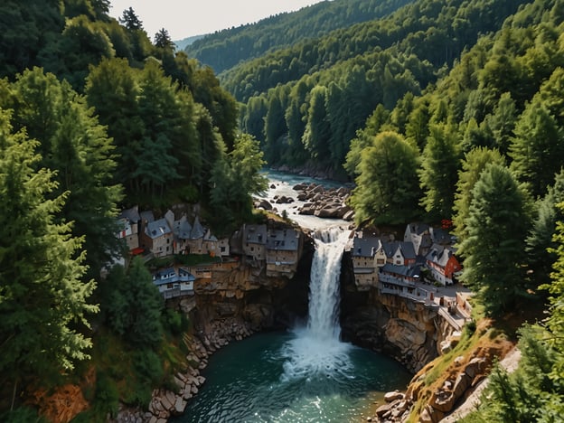 Auf dem Bild ist eine malerische Landschaft mit einem beeindruckenden Wasserfall zu sehen, der in einen klaren Bergsee stürzt. Umgeben von üppigen Wäldern, befinden sich kleine, charmante Häuser am Rand des Wassers. 

Für abenteuerlustige Personen könnten folgende Aktivitäten in dieser Umgebung spannend sein:

1. **Wanderungen**: Die umliegenden Wälder bieten zahlreiche Wanderwege mit unterschiedlichen Schwierigkeitsgraden.
2. **Klettern**: Der felsige Bereich um den Wasserfall könnte ideale Kletterrouten bieten.
3. **Kayakfahren**: Das ruhige Wasser des Sees lädt dazu ein, mit dem Kajak oder Kanu das Ufer zu erkunden.
4. **Fotografie**: Die beeindruckende Natur ist perfekt für beeindruckende Landschafts- und Makrofotografien.
5. **Picknicken**: Ein Picknick mit Blick auf den Wasserfall und inmitten der Natur wäre ein tolles Erlebnis. 

Diese Aktivitäten ermöglichen es, die Schönheit der Natur hautnah zu erleben und gleichzeitig für Abenteuer zu sorgen.