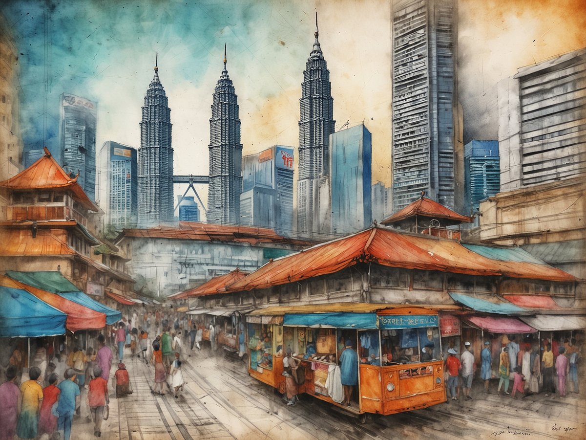 Eine lebendige Szenerie, in der moderne Wolkenkratzer, einschließlich der ikonischen Petronas Towers, im Hintergrund zu sehen sind, während im Vordergrund traditionelle Marktstände mit bunten Dachüberständen stehen. Menschen in unterschiedlichen Kleidungsstilen schlendern durch die Straßen, umgeben von Geschäften und Essensständen, die eine Mischung aus Kulturen und Traditionen widerspiegeln. Die Atmosphäre ist lebhaft und einladend, mit einem Kontrast zwischen der modernen Architektur und den traditionellen Elementen.