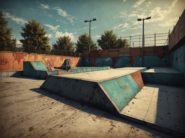 Auf dem Bild ist ein Skatepark zu sehen. Dieser Ort ist ideal für Freizeitaktivitäten wie Skateboarden, Rollschuhlaufen oder BMX-Fahren. Die Rampen und Hindernisse bieten Möglichkeiten für Tricks und Sprünge, was nicht nur Spaß macht, sondern auch Geschicklichkeit und Balance fördert. Der Skatepark scheint gut gestaltet zu sein und lädt zum Verweilen und Üben ein, vielleicht auch in Gesellschaft von Freunden. Außerdem ist die Umgebung mit Bäumen und einem klaren Himmel ansprechend, was eine angenehme Atmosphäre für sportliche Aktivitäten schafft.