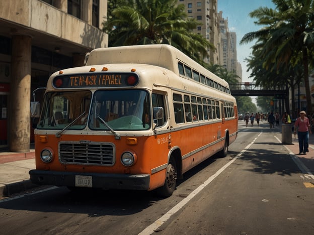 Auf dem Bild ist ein alter, orangefarbener Linienbus zu sehen, der an einer Straße hält. Im Hintergrund sind Palmen und eine belebte Straße mit Fußgängern, die herumgehen. Hier sind einige praktische Reisetipps für die Nutzung von öffentlichen Verkehrsmitteln in Städten:

1. **Fahrpläne prüfen**: Informiere dich im Voraus über die Fahrpläne und Routen des öffentlichen Verkehrs, um Wartezeiten zu minimieren.

2. **Öffnungszeiten**: Achte darauf, welche Zeiten der Transport verfügbar ist, insbesondere an Wochenenden oder Feiertagen.

3. **Sicherheit**: Halte deine Wertsachen nah bei dir und sei aufmerksam, besonders in belebten Bereichen.

4. **Geld und Tickets**: Viele Städte bieten rabattierte Tagestickets oder Mehrfahrtenkarten an. Diese können oft günstiger sein als Einzelfahrkarten.

5. **Kulturelle Unterschiede**: Sei dir bewusst, dass in verschiedenen Ländern bestimmte Verhaltensregeln in öffentlichen Verkehrsmitteln gelten können, z.B. Sitzplatzreservierung für Senioren oder Menschen mit Behinderungen.

6. **Netzwerke nutzen**: Lade dir Apps herunter, die dir bei der Navigation durch das öffentliche Verkehrsnetz helfen können. 

Genieße deine Reise und entdecke die Stadt!