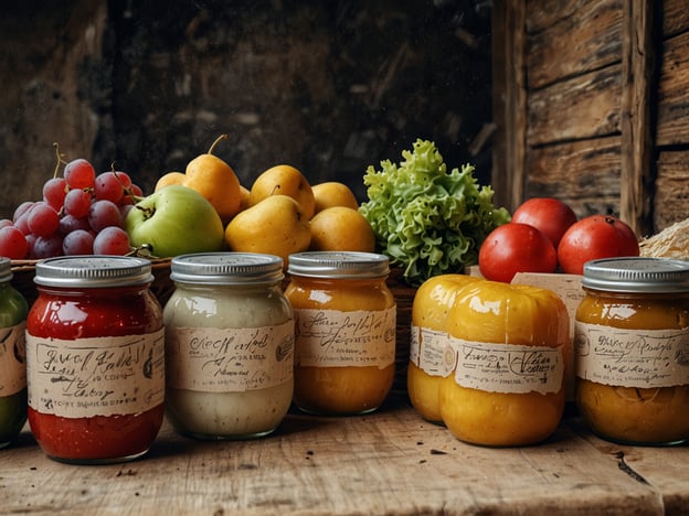 Auf dem Bild sind verschiedene kulinarische Erlebnisse dargestellt. Es gibt eine Auswahl an frischem Obst, wie Trauben, Äpfel und Birnen, die in einem Korb liegen, sowie knackiges Gemüse, darunter grüner Salat und saftige Tomaten. Neben diesen frischen Zutaten stehen mehrere Gläser mit eingelegten Lebensmitteln, die mit handgeschriebenen Etiketten versehen sind. Diese Gläser könnten verschiedene Saucen oder Konserven enthalten, was ein Gefühl von traditionellen, hausgemachten Köstlichkeiten vermittelt. Die gesamte Anordnung strahlt eine rustikale und einladende Atmosphäre aus, die zum Entdecken und Genießen einlädt.