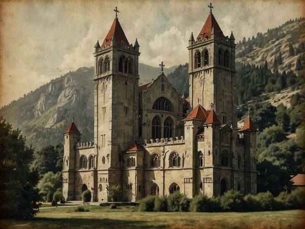 Auf dem Bild ist eine beeindruckende historische Kirche oder Kathedrale zu sehen, die durch ihre markanten Türme und die gotische Architektur besticht. Solche Gebäude sind oft Zeugen vergangener Epochen und spiegeln die kulturelle Vielfalt wider, die in verschiedenen Regionen der Welt zu finden ist. 

Die Mischung aus Stein und symbolischen Elementen, wie den künstlerisch gestalteten Fenstern und den hohen Türmen, zeugt von der Handwerkskunst der damaligen Zeit und dem Einfluss religiöser Traditionen auf die Architektur. Die umgebende Landschaft mit Bergen und Grünflächen fügt eine friedliche und harmonische Note hinzu, die die Bedeutung solcher historischen Stätten in der Kulturlandschaft unterstreicht.