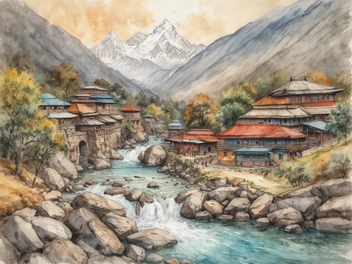 Eine malerische Landschaft zeigt eine kleine Siedlung in den Ausläufern des Himalaya mit traditionellen, mehrstöckigen Gebäuden, die mit roten und blauen Dächern gedeckt sind. Der Fluss fließt ruhig durch die Szene, umgeben von großen, glatten Steinen und sanftem Uferbewuchs. Im Hintergrund erheben sich majestätische Berge, die mit Schnee bedeckt sind, während der Himmel in warmen, sonnigen Tönen gefärbt ist. Einige Menschen bewegen sich entlang des Flusses und zwischen den Häusern, was der Szene Leben verleiht.