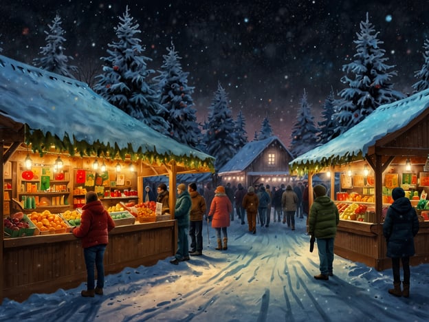 Auf dem Bild ist ein winterlicher Weihnachtsmarkt zu sehen, der eine festliche Atmosphäre ausstrahlt. Die Stände sind festlich dekoriert und bieten eine Vielzahl von Waren wie Früchte und handgefertigte Artikel an. Der Schnee und die beleuchteten Stände schaffen eine gemütliche Stimmung, die typisch für Weihnachtsmärkte ist. Solche Märkte sind ein beliebtes Ereignis in der Adventszeit, wo Menschen zusammenkommen, um Geschenke zu kaufen, Leckereien zu genießen und die festliche Stimmung zu erleben. Der Winter und insbesondere die Weihnachtszeit sind für viele eine Zeit der Gemeinschaft und der Feierlichkeiten.