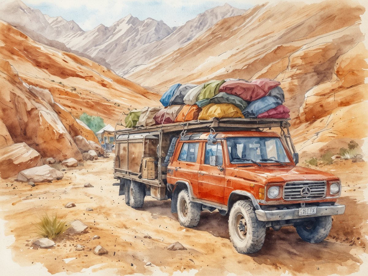 Ein orangefarbener Geländewagen steht auf einem staubigen Weg, umgeben von majestätischen Bergen und einer beeindruckenden Landschaft. Der Wagen ist stark beladen mit bunten Säcken, die auf dem Dach befestigt sind. Im Hintergrund ist eine Hügelkette mit schneebedeckten Gipfeln sichtbar, während der Vordergrund durch trockene Erde und einige größere Steine geprägt ist. Die Szene vermittelt das Gefühl einer abenteuerlichen Reise durch die reizvolle Natur Pakistans, vom Himalaya bis in die Wüste.