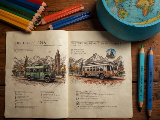 Auf dem Bild sind eine gezeichnete Reiseskizze und Notizen zu zwei verschiedenen Fahrzeugen, vermutlich Bussen, zu sehen. Diese Illustrationen zeigen, dass sie in einer bergigen Umgebung, möglicherweise in einem touristischen Gebiet, eingesetzt werden. In der Nähe befinden sich auch bunte Buntstifte und ein Globus.

### Reisetipps:
1. **Öffentliche Verkehrsmittel nutzen:** Überlege, die öffentlichen Verkehrsmittel zu nutzen, um die Umgebung umweltfreundlich zu erkunden. Informiere dich über Fahrpläne und Routen im Voraus.
   
2. **Lokale Attraktionen erkunden:** Schau dir die Sehenswürdigkeiten an, die in der Nähe der Buslinien liegen. Oft gibt es interessante Orte und Landschaften zu entdecken.

3. **Vorbereitung:** Achte darauf, ein Notizbuch und Stifte mitzunehmen, damit du deine Reiseerlebnisse festhalten kannst.

### Sicherheitshinweise:
1. **Wertgegenstände sichern:** Halte deine Wertsachen sicher und in Sichtweite, besonders in öffentlichen Verkehrsmitteln.

2. **Informiere dich über die Umgebung:** Erkundige dich über die Sicherheit der Gebiete, die du besuchen möchtest, insbesondere wenn du in weniger touristische Regionen reist.

3. **Notrufnummern abspeichern:** Stelle sicher, dass du die lokalen Notrufnummern in deinem Mobilgerät gespeichert hast, für den Fall, dass du Unterstützung benötigst. 

Viel Spaß beim Reisen und Entdecken neuer Orte!