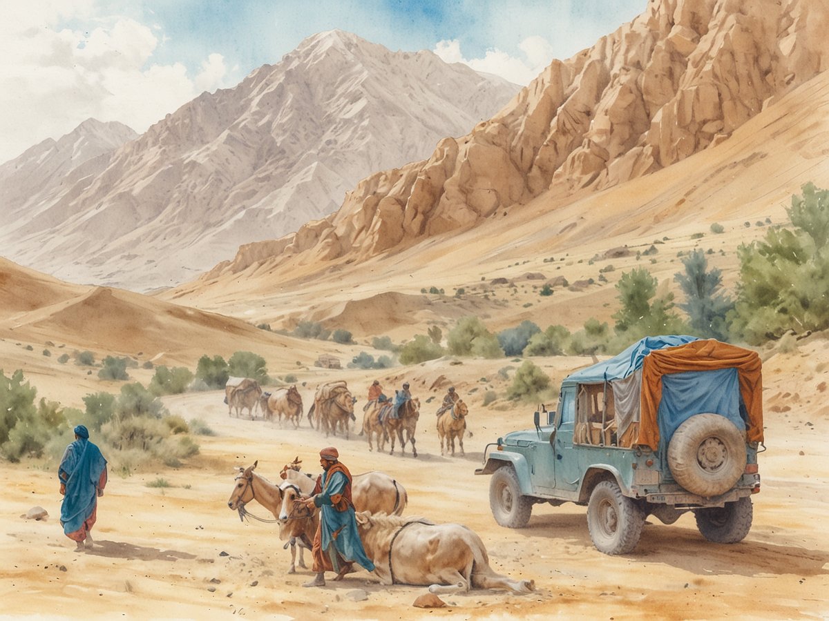 Eine gewaltige Berglandschaft mit majestätischen Gipfeln und sanften Hügeln im Vordergrund. Eine staubige Straße führt durch die Wüste, entlang der mehrere Kamele und Menschen in traditioneller Kleidung unterwegs sind. Im Vordergrund stehen zwei Männer mit Pferden, während ein Jeep im Hintergrund parkt. Die Szenerie wird von einer warmen Farbpalette geprägt, die die natürliche Schönheit Afghanistans widerspiegelt. Am Himmel sind einige Wolken zu sehen, und die Sonne taucht die Landschaft in ein sanftes Licht.