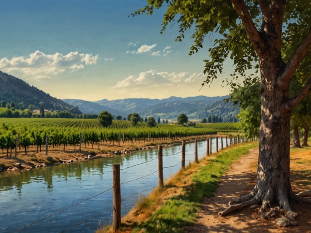 Auf dem Bild ist eine idyllische Landschaft entlang eines ruhigen Gewässers zu sehen, umgeben von Weinbergen und sanften Hügeln. Diese Umgebung könnte als ein unvergessliches Naturerlebnis entlang der Mosel beschrieben werden. Der Weg führt am Wasser entlang und wird von Bäumen gesäumt, was zu einer friedlichen und einladenden Atmosphäre beiträgt. Solche Landschaften sind typisch für die Region, die für ihre Weinproduktion und malerischen Ausblicke bekannt ist.