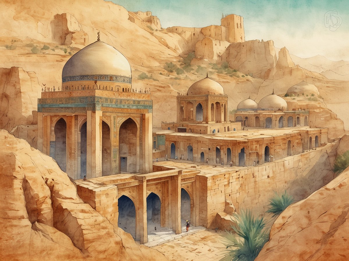 Ein beeindruckendes Landschaftsbild zeigt antike Architektur in einer Wüstenlandschaft. Im Vordergrund befindet sich eine monumentale Struktur mit einem großen, kuppelförmigen Dach, das mit filigranen Mustern verziert ist. Diese wird flankiert von mehreren niedrigeren Gebäuden und weiteren Kuppeln. Die Gebäude sind aus hellen Steinblöcken erbaut und fügen sich harmonisch in die umgebende Felsenlandschaft ein. Sanfte Farbverläufe und Lichtspiele verleihen der Szenerie eine märchenhafte Stimmung, während einige Personen in der Umgebung umhergehen und die Architektur bewundern. Im Hintergrund sind zerklüftete Felsen und Farbtöne, die die karge Schönheit der Wüste widerspiegeln.