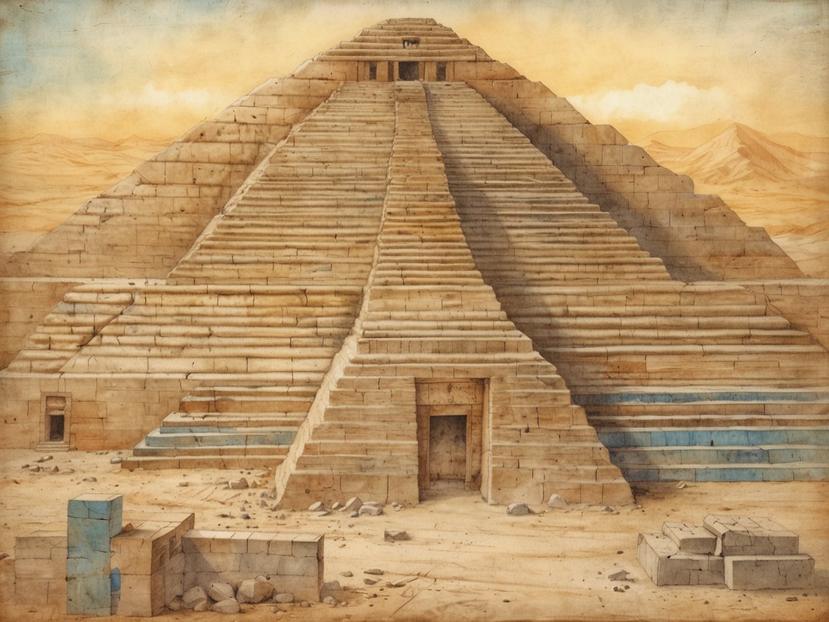 Eine große Pyramide aus hellen Steinen erhebt sich majestätisch über eine schlichte Wüstenlandschaft. Die Pyramide hat mehrere breite Stufen, die in Richtung eines zentralen Eingangs führen. An den Seiten sind einige schmalere Treppen erkennbar. Der Himmel ist sanft gefärbt mit blauen und gelben Tönen, und die umliegenden Hügel scheinen in der Ferne leicht zu verschwommen. Vor der Pyramide liegen einige zerbrochene Steine und Überreste einer Mauer, die die unberührte Aura des historischen Ortes verstärken.