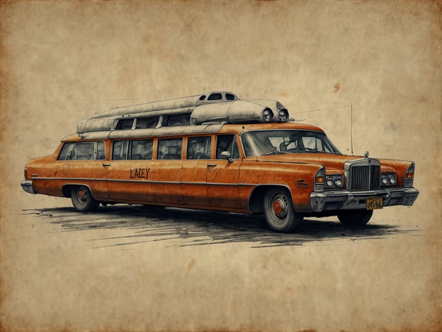 Auf dem Bild ist ein auffälliges, orangefarbenes Oldtimer-Auto zu sehen, das den Look eines großen Kombis oder einer Limousine hat. Auf dem Dach sind mehrere Gegenstände angebracht, die möglicherweise für Reisen oder Abenteuer genutzt werden, was auf einen praktischen Nutzen hinweist.

**Praktische Informationen für deinen Besuch:**

1. **Fahrzeugausstellungen:** Wenn du an klassischen Autos interessiert bist, besuche ein Automuseum oder eine Oldtimerausstellung. Dies bietet die Möglichkeit, mehr über historische Fahrzeuge zu erfahren.

2. **Fotografie:** Alte Autos eignen sich hervorragend für Fotos. Suche nach einer interessanten Kulisse, um die Fahrzeuge in Szene zu setzen.

3. **Roadtrips:** Das Bild erinnert an Roadtrips in den USA. Plane deine eigene Reise und entdecke interessante Routen und Sehenswürdigkeiten.

4. **Fahrzeugvermietungen:** Falls du ein ähnliches Auto fahren möchtest, erkundige dich nach Vermietungen von Oldtimern oder speziellen Fahrzeugen für besondere Anlässe.

5. **Basteltipps:** Wenn du selbst an Autos oder Restaurierungen interessiert bist, suche nach Workshops oder Kursen, die dir helfen, mehr über die Pflege und Restaurierung alter Fahrzeuge zu lernen. 

Viel Spaß beim Erkunden!