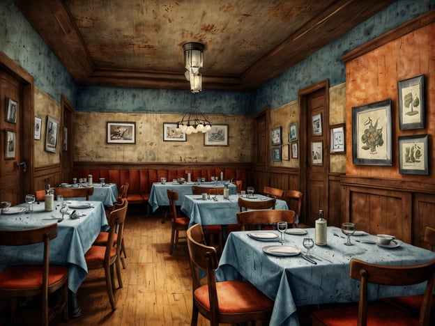 Auf dem Bild ist ein gemütliches Restaurant zu sehen, das mit blauen Tischdecken dekoriert ist. Die Einrichtung strahlt eine rustikale und einladende Atmosphäre aus, ideal für kulinarische Höhepunkte. 

Stellen Sie sich vor, die Tische sind gedeckt für ein feines Dinner, vielleicht mit einer Auswahl an regionalen Spezialitäten wie frisch zubereitetem Fisch, saisonalem Gemüse oder traditionellen Fleischgerichten. Eine exquisite Weinkaraffe könnte auf dem Tisch stehen, um die Speisen zu beg accompany. Die Wände sind mit kunstvollen Bildern dekoriert, die die kulinarische Kultur des Ortes widerspiegeln und das Ambiente weiter bereichern. Ein perfekter Ort für ein Geschmackserlebnis!